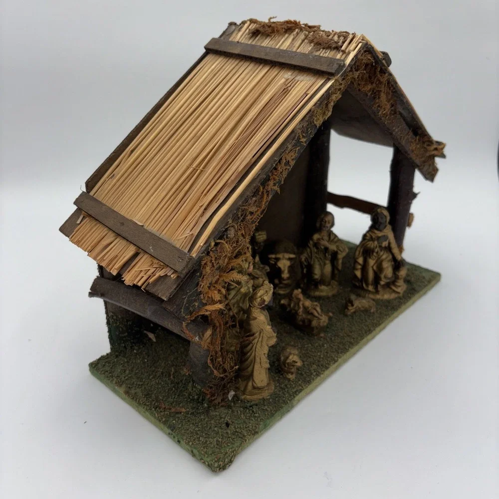 VTG Nativity Scene Crèche Set Rustic Stable Antique Gold Look Fixed Figurines